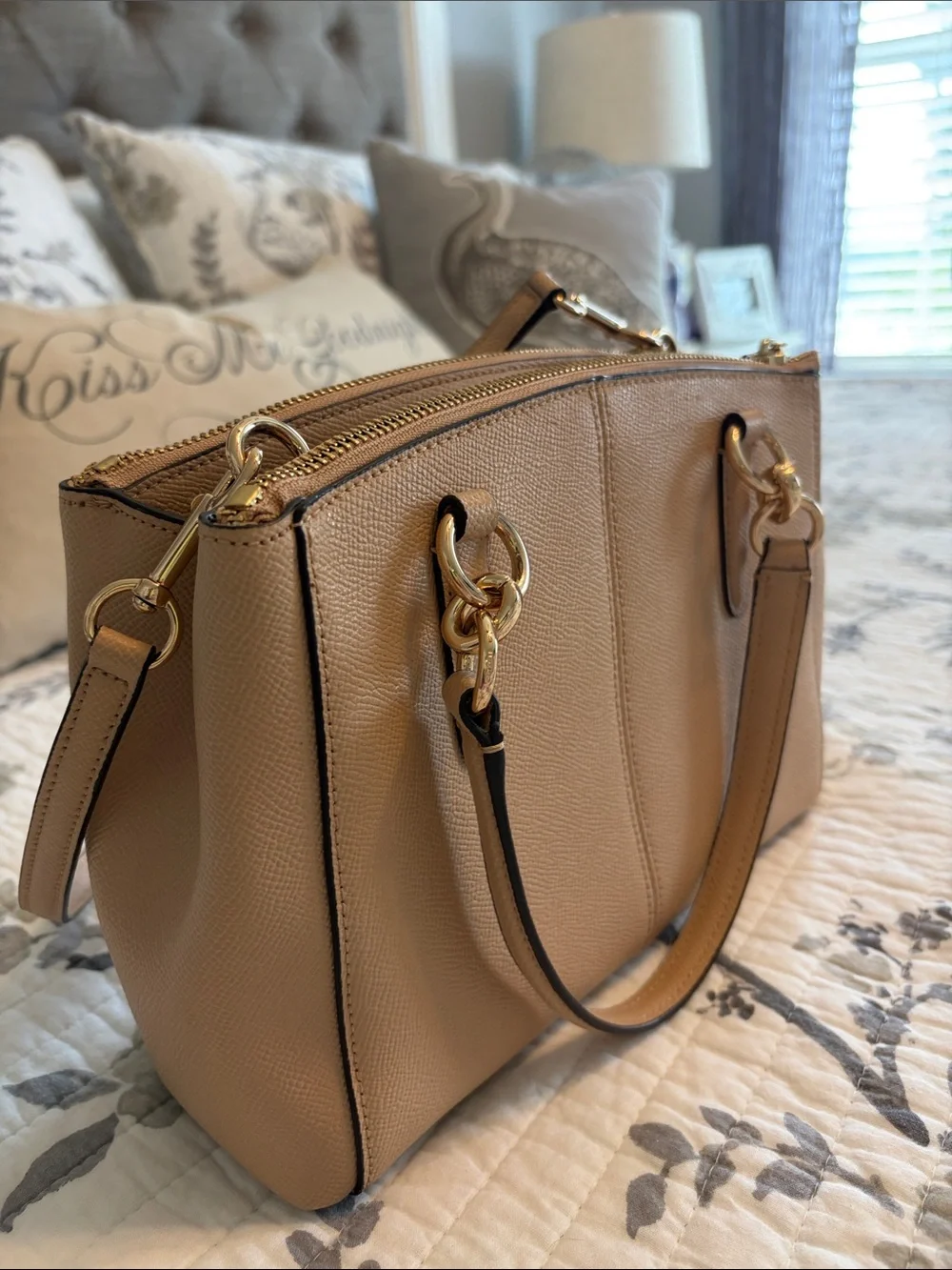 Coach Pebbled Leather Satchel in Beige with Gold Hardware with Matching Wristlet